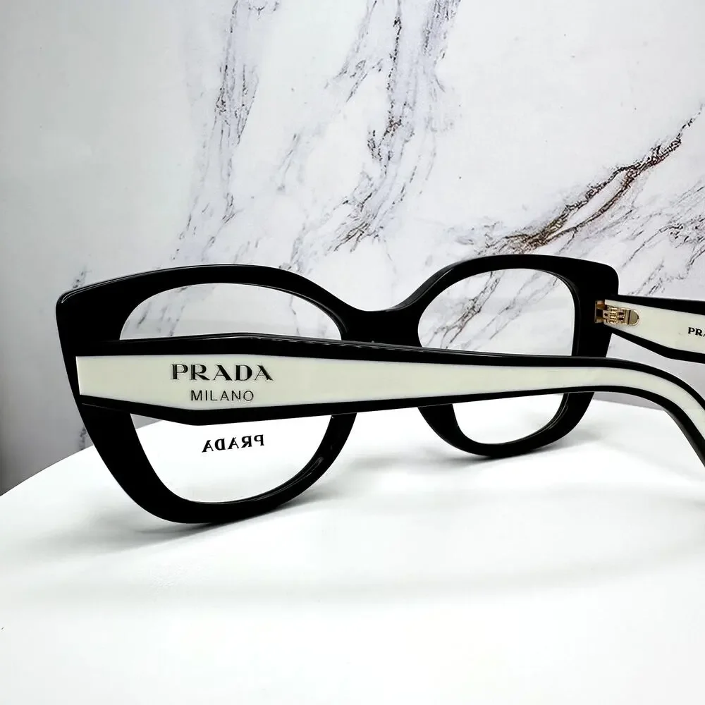 New PRADA Eyeglasses Cat Eye Black White Gold 53-17-140 Womens